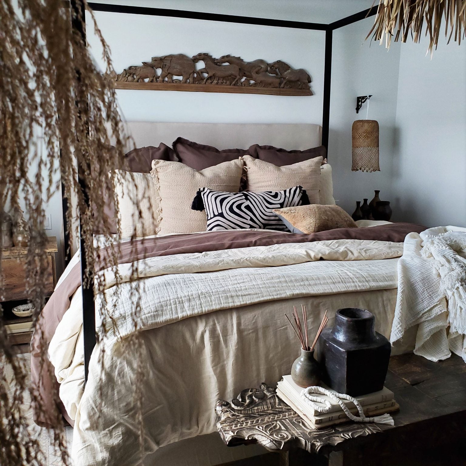 sand beige melange sheets in boho bedroom