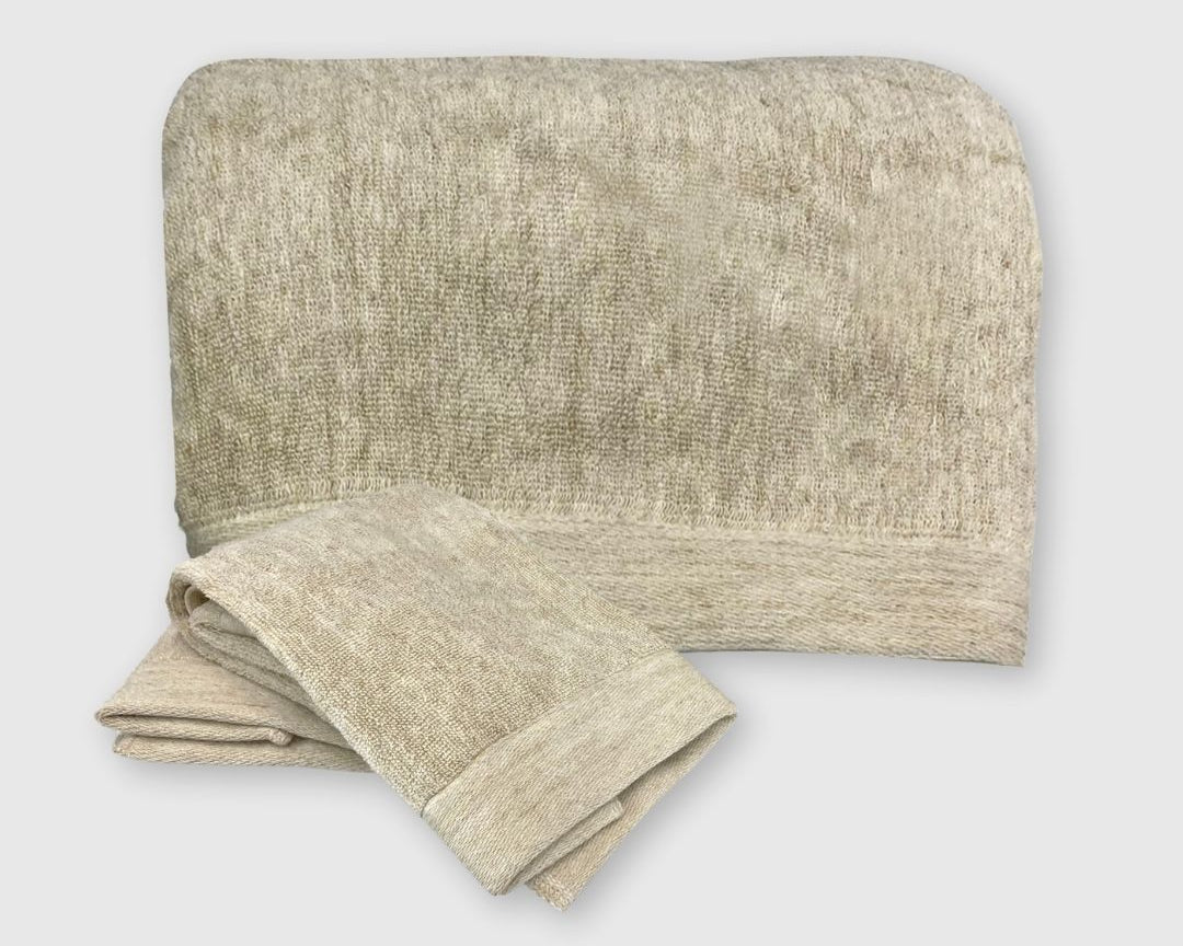 sand beige melange bamboo bath sheet and hand towels rolled