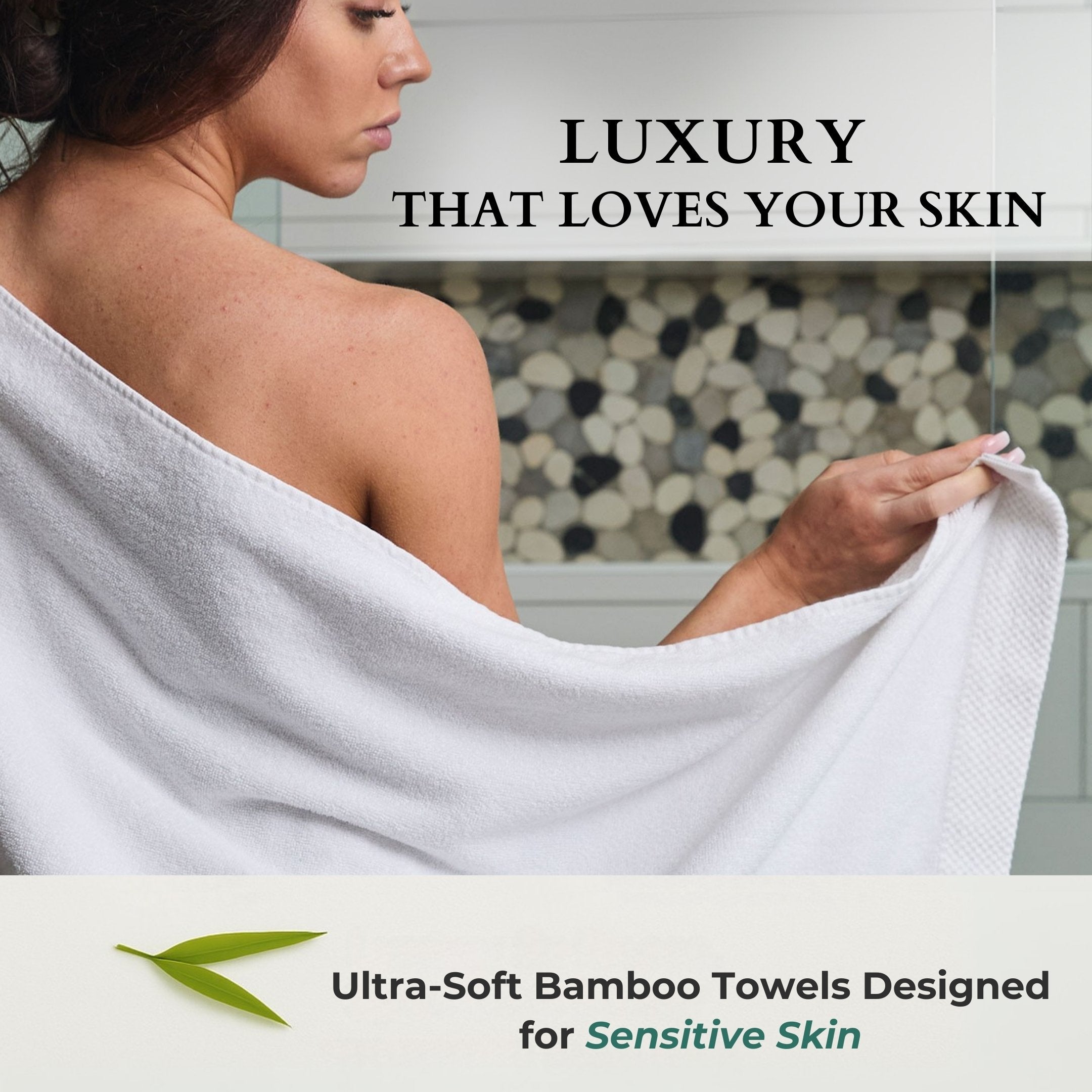 Woman holding a white towel with text about ultra-soft bamboo towels for sensitive skin.