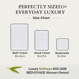 Size chart for bath towel, hand towel, and washcloth with dimensions and BEDVOYAGE branding.