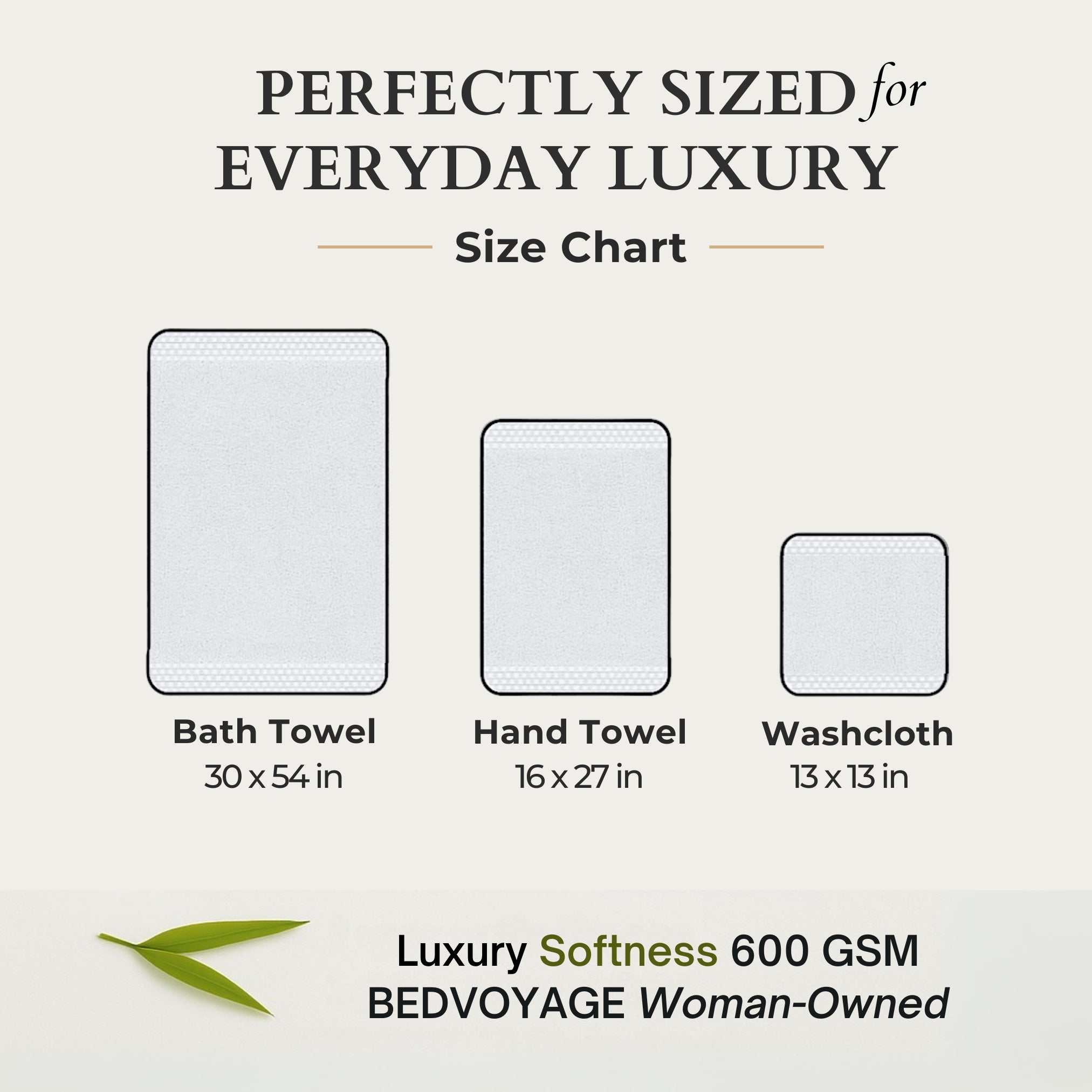 Size chart for bath towel, hand towel, and washcloth with dimensions and BEDVOYAGE branding.