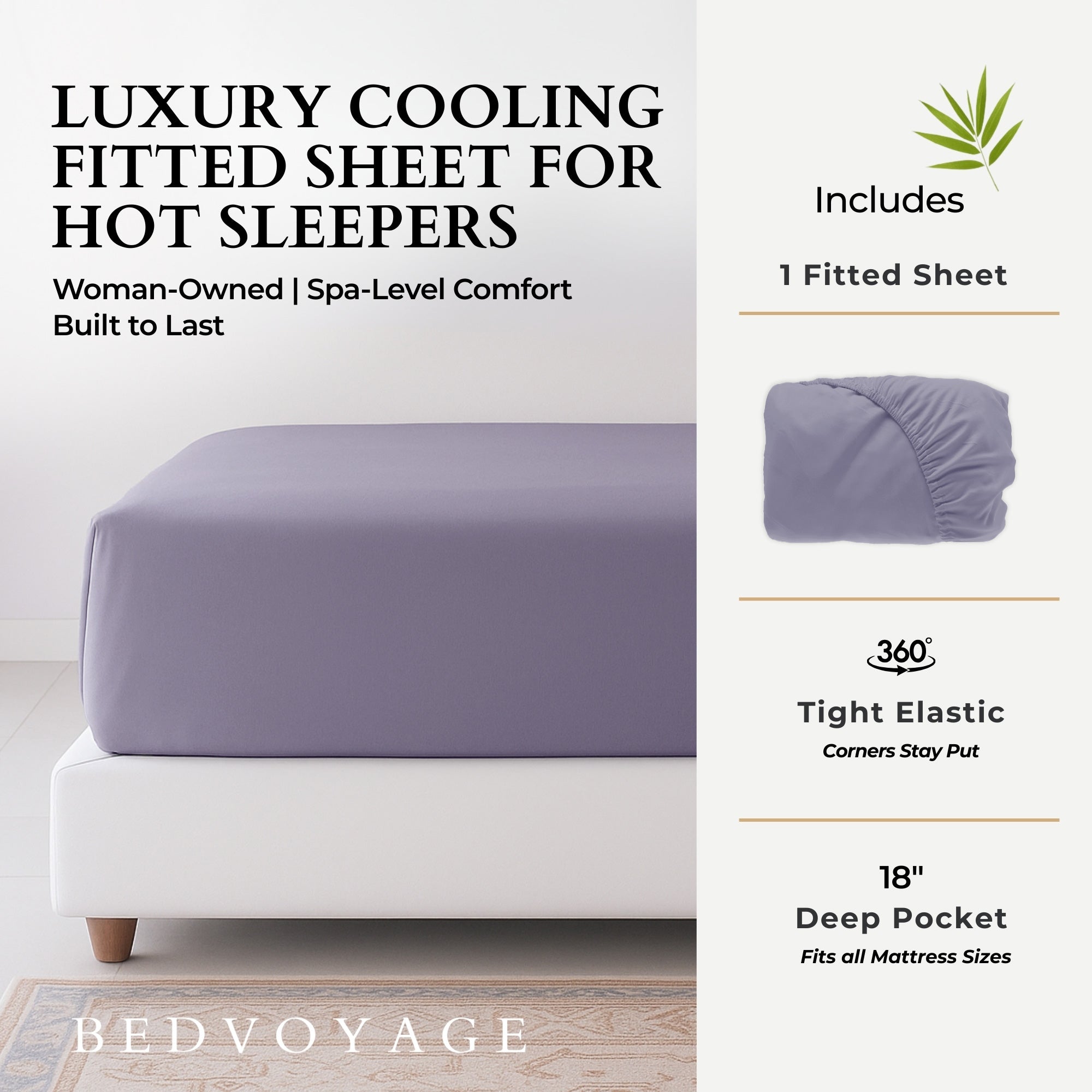 Purple fitted sheet on a bed with product features listed on the right, including '360 Tight Elastic Corners Stay Put' and '18 Deep Pocket'.