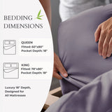 Person holding a fitted sheet with bedding dimensions displayed on the left.