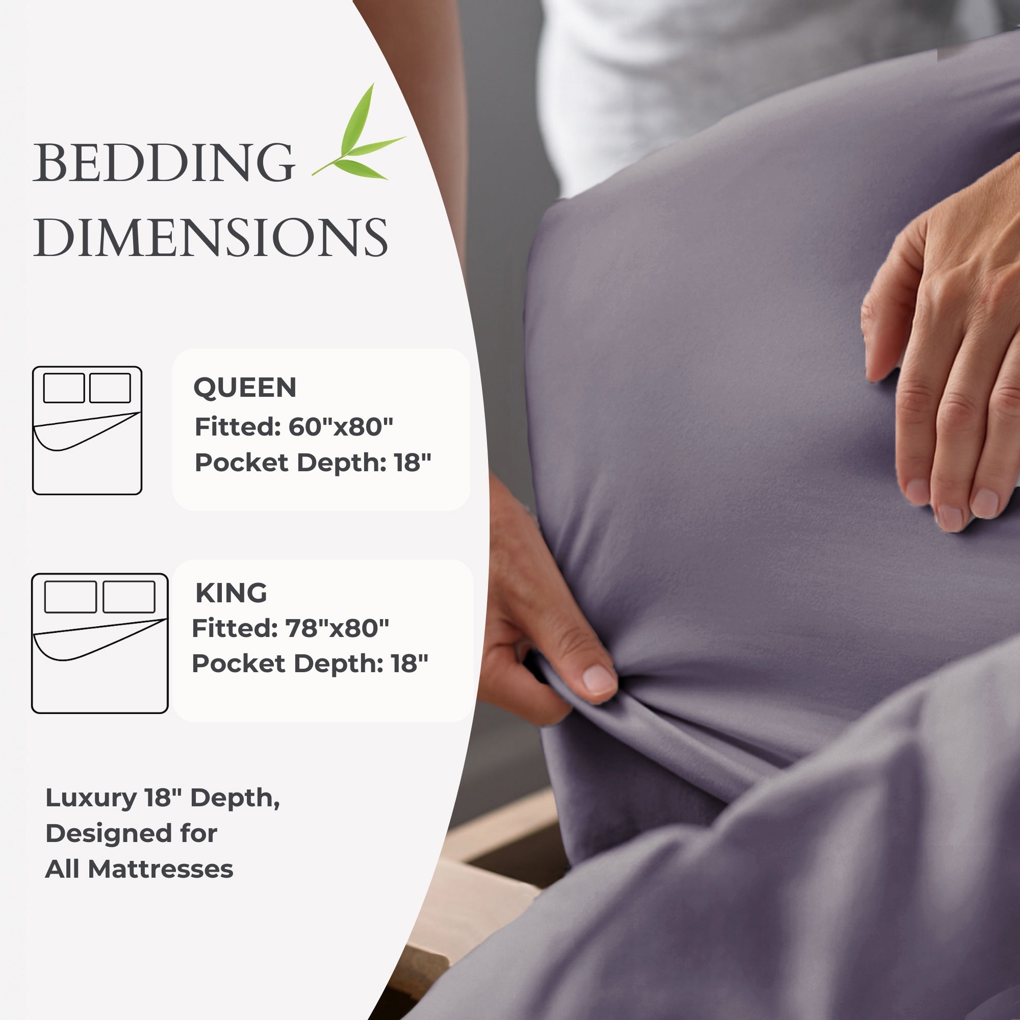 Person holding a fitted sheet with bedding dimensions displayed on the left.
