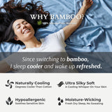 Woman lying on a bamboo mattress with text highlighting benefits of bamboo bedding.
