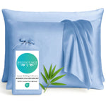 Blue bamboo pillowcases with a Bedvoyage label on a white background