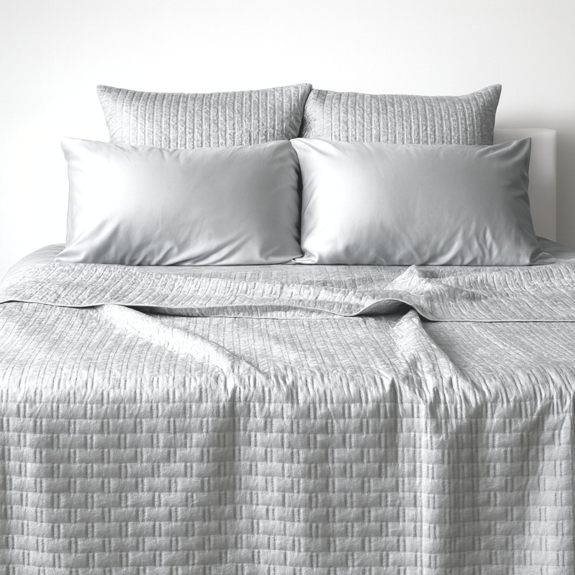 Gray textured bedding set on a bed with pillows against a white background