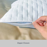 woman unzipping a quilted bamboo decorative pillow sham