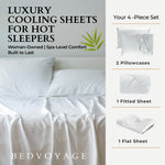Bedvoyage luxury cooling sheets set with text and product images on a white background