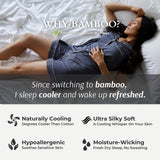 Woman lying on a bed with text about the benefits of bamboo bedding.