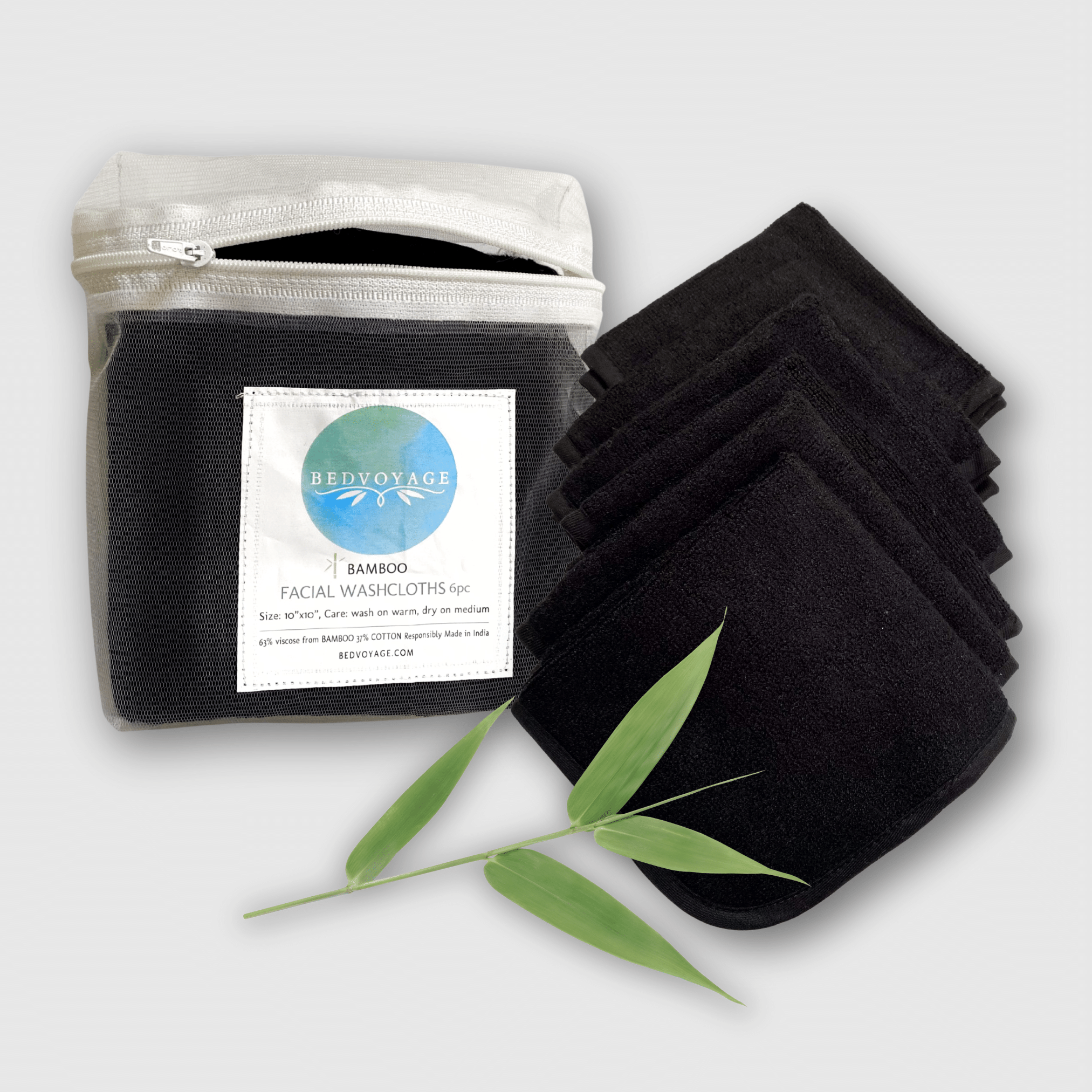 6 pack of black bamboo luxury facial washcloths with bamboo stalk