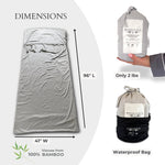 Gray bamboo sleeping bag with measurements and packaging details on a white background
