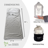 Gray bamboo sleeping bag with measurements and packaging details on a white background
