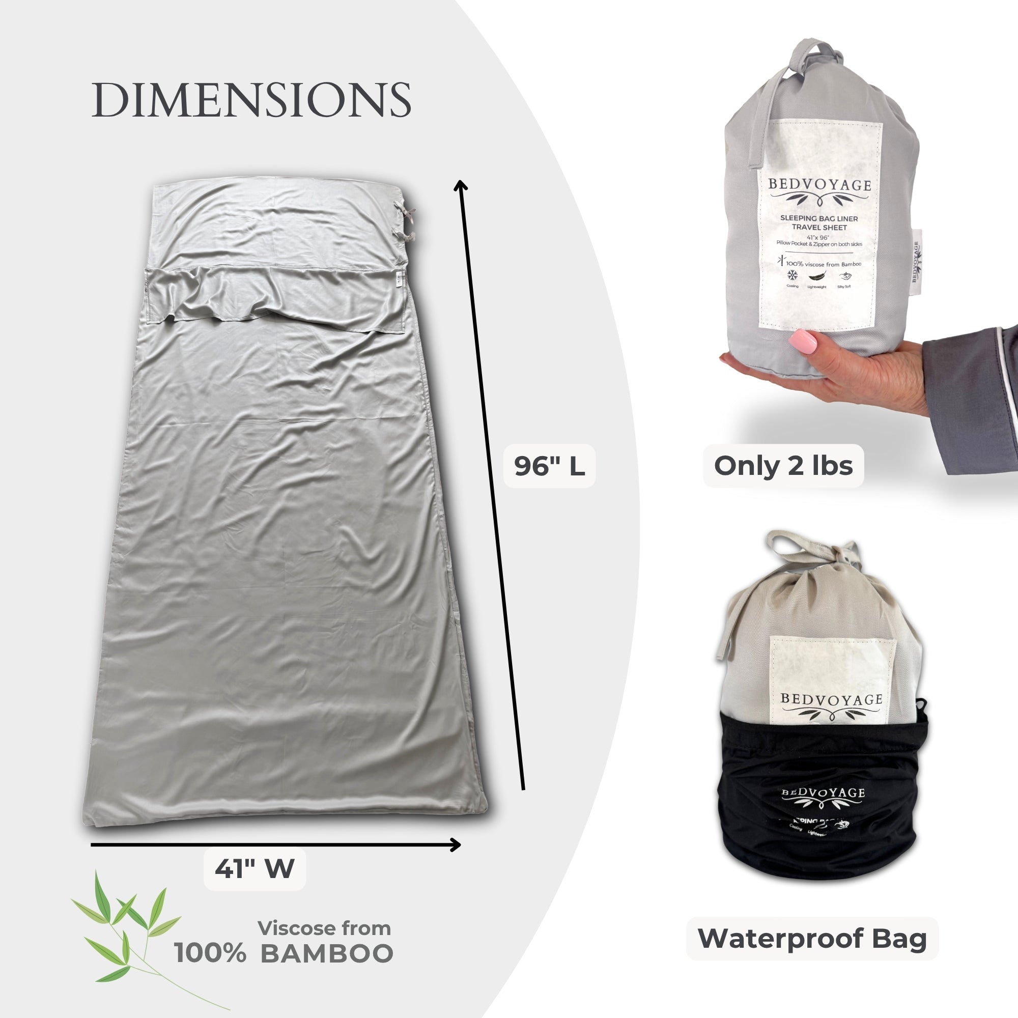 Gray bamboo sleeping bag with measurements and packaging details on a white background