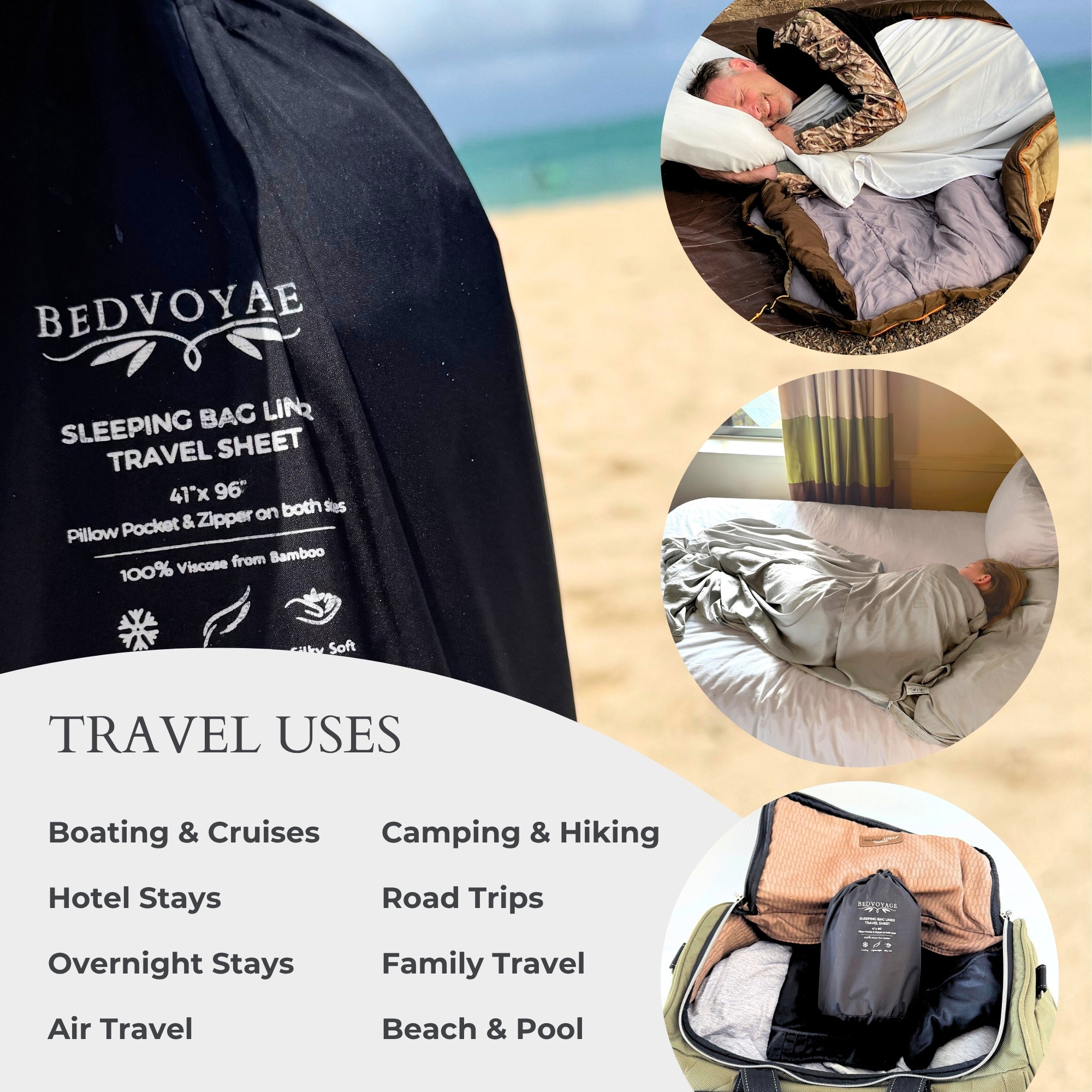 Black sleeping bag liner bag with text and images of its use on a beach.