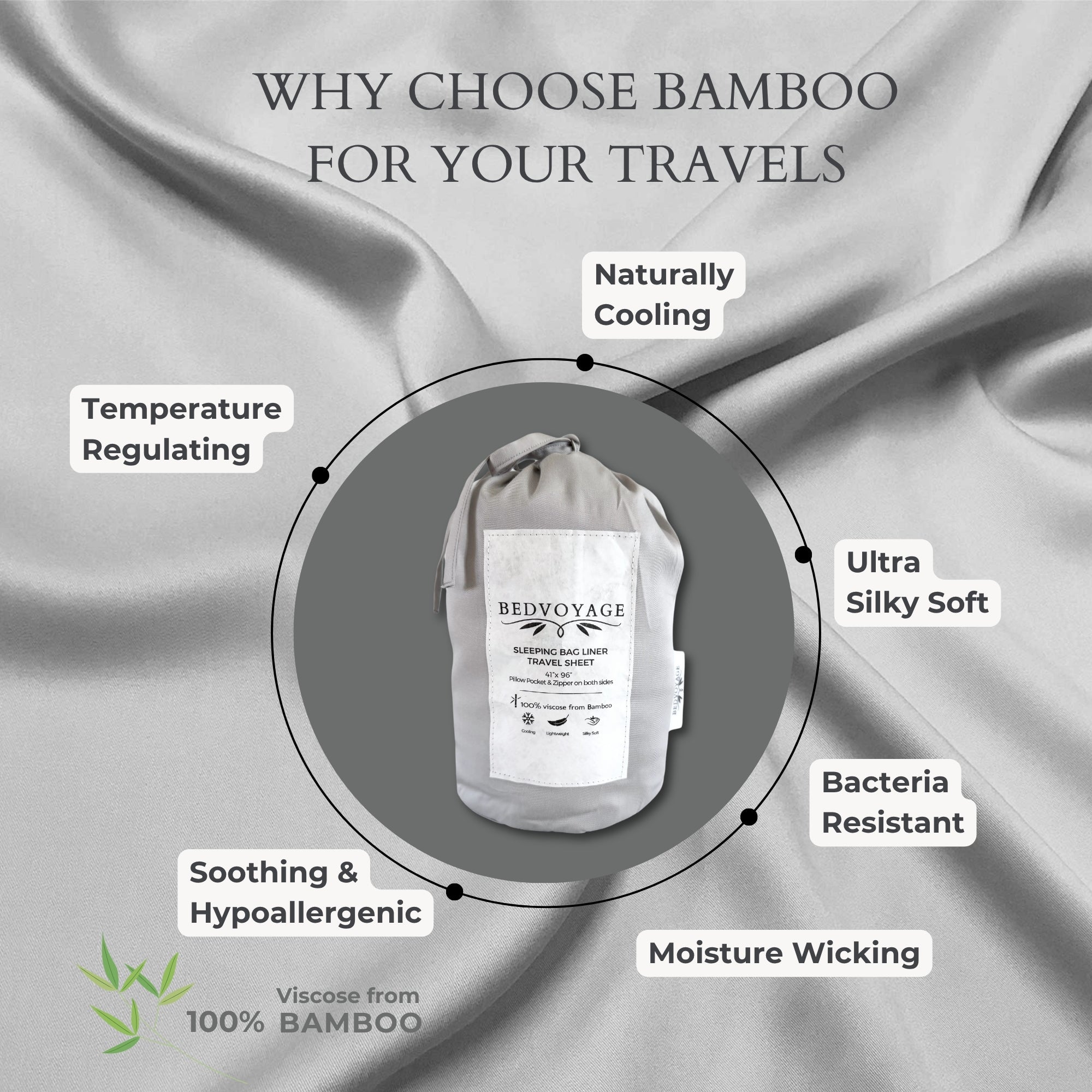 Bed Voyage bamboo sleeping bag liner with bamboo benefits on a satin background