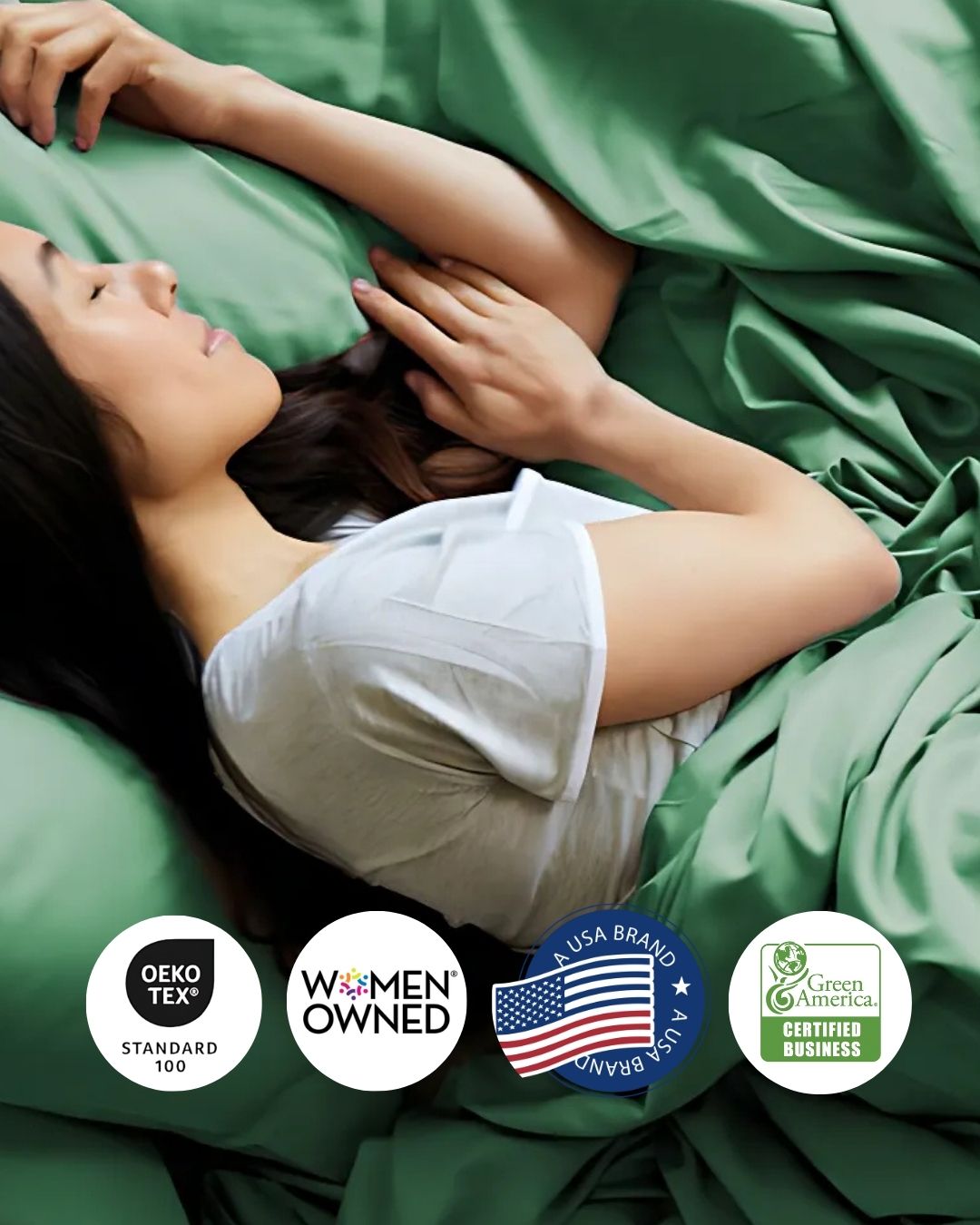 Woman lying in bed under green bamboo sheets with certification logos at the bottom.