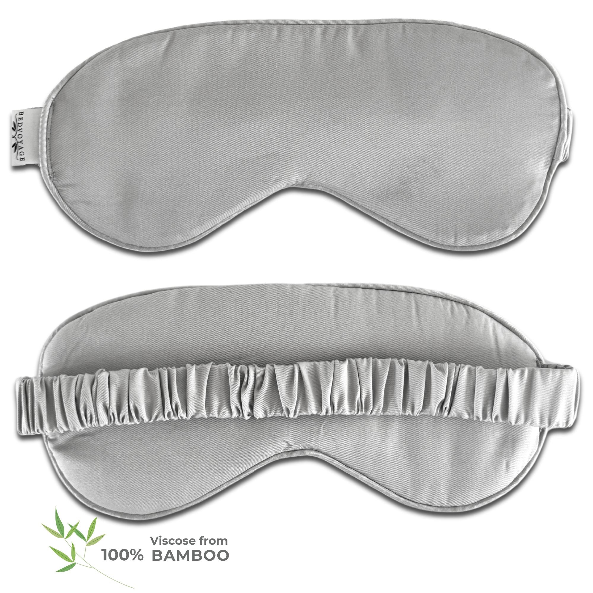 Two gray sleep masks on a white background with bamboo label.