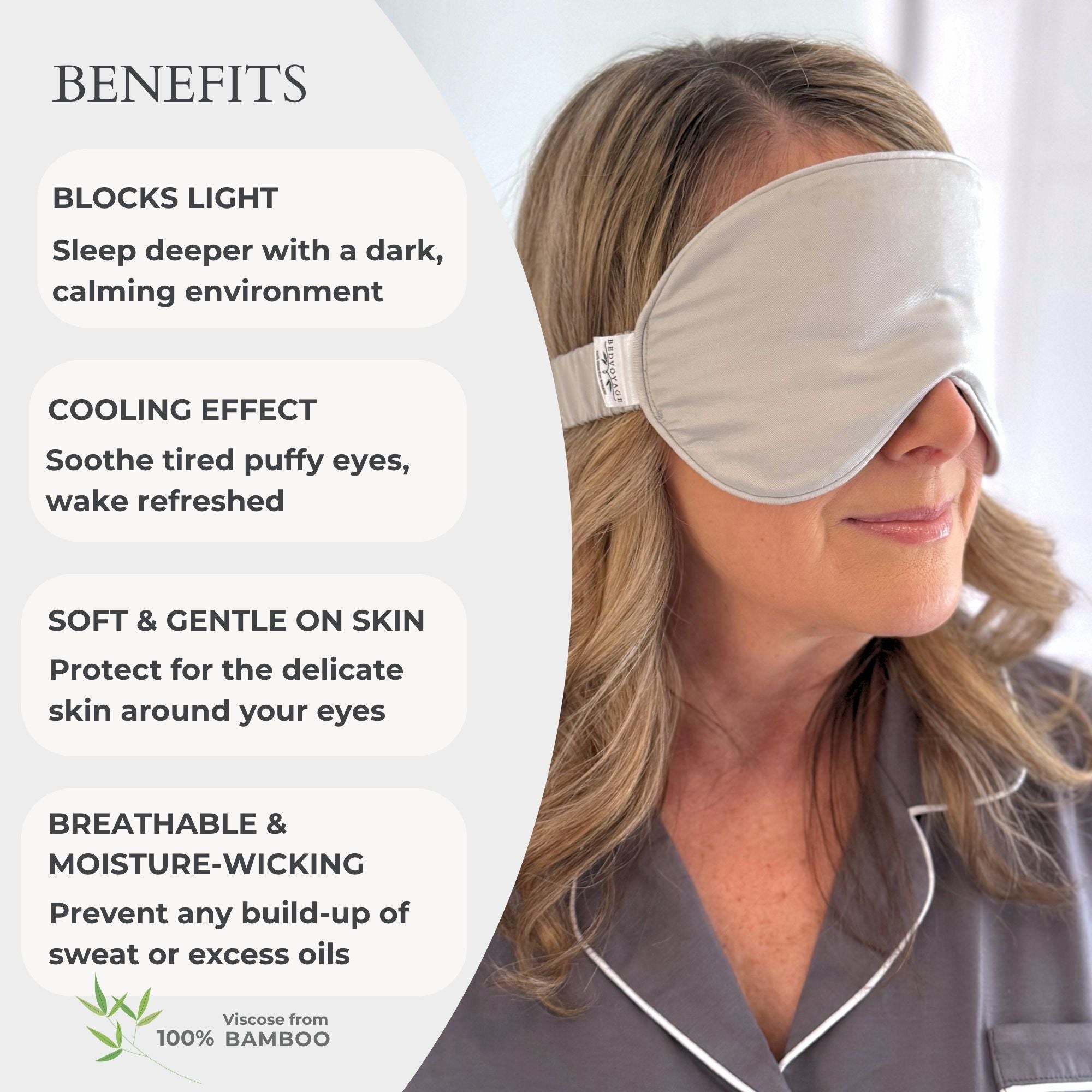 Woman wearing a bamboo sleep mask with product benefits listed on the left.