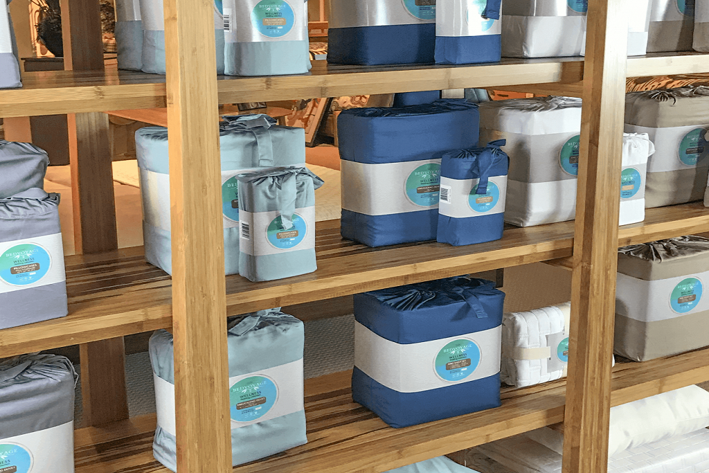 bedvoyage sheets and pillowcases on a retailers shelf