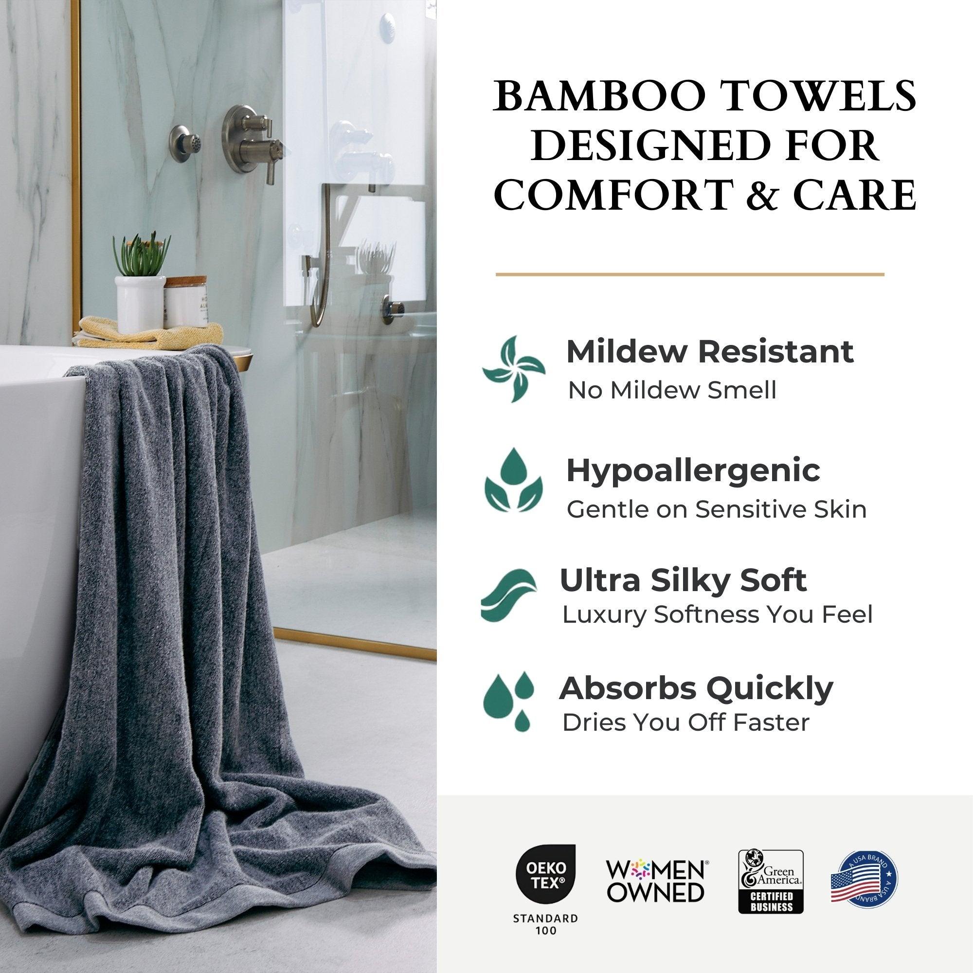 Bamboo towel draped over a bathtub with product features listed on the right.