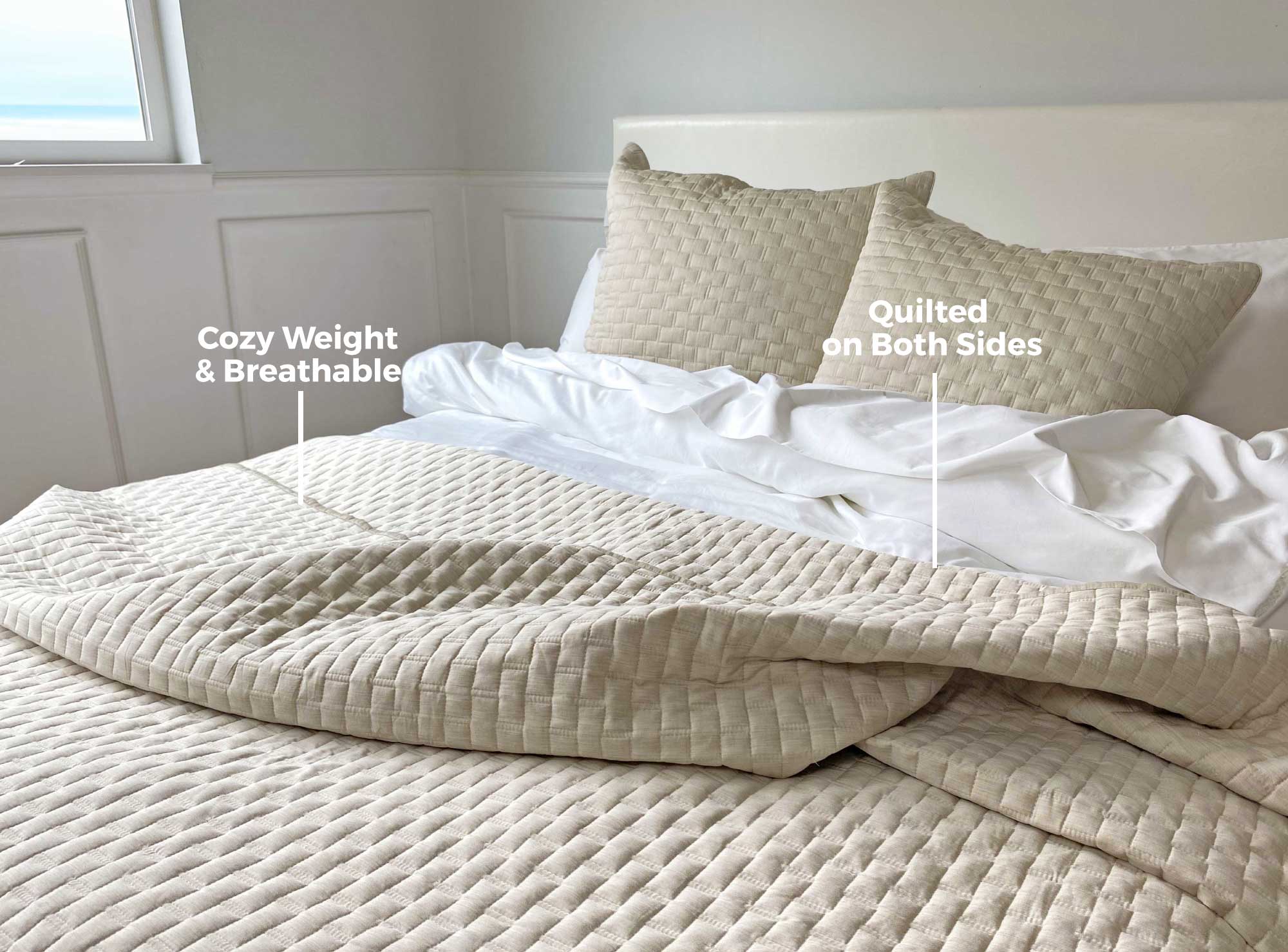 sand beige melange bamboo quilted coverlet looking very cozy on a bed