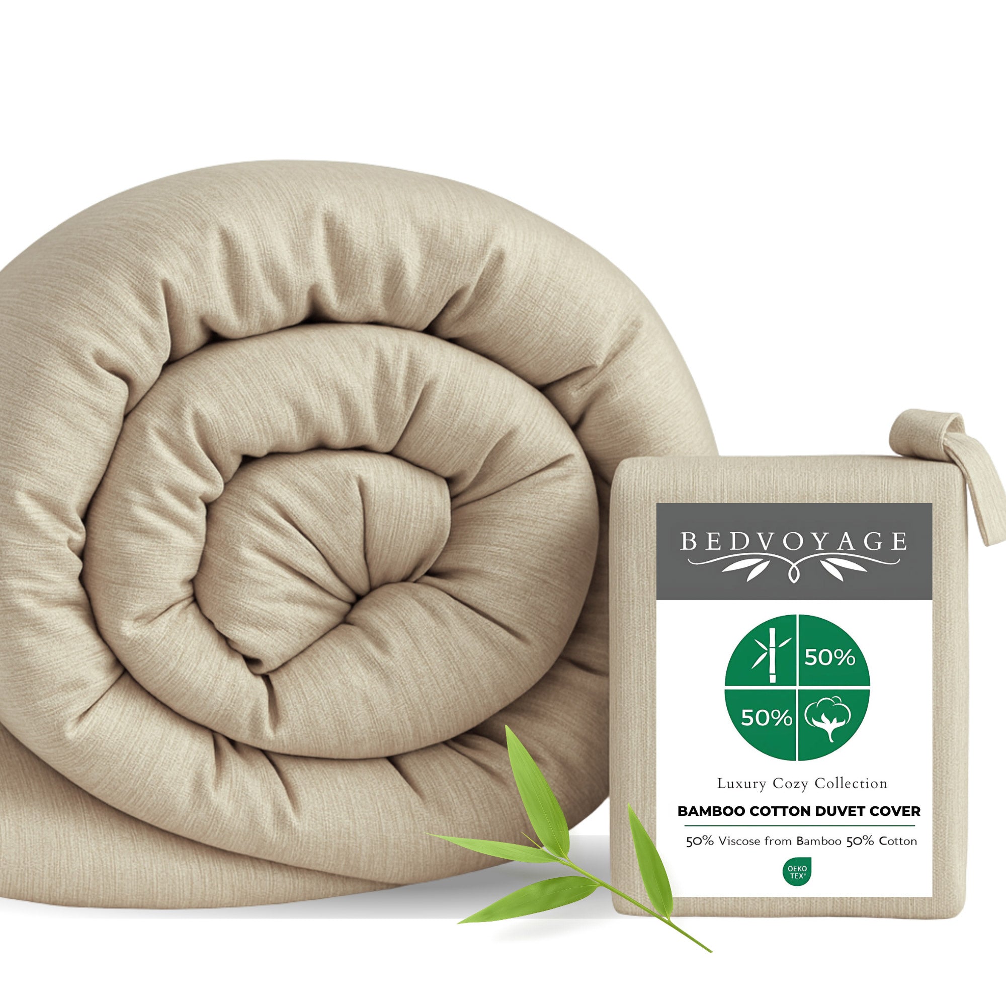 tan beige sand duvet cover rolled up with the packaging and a leaf on white background