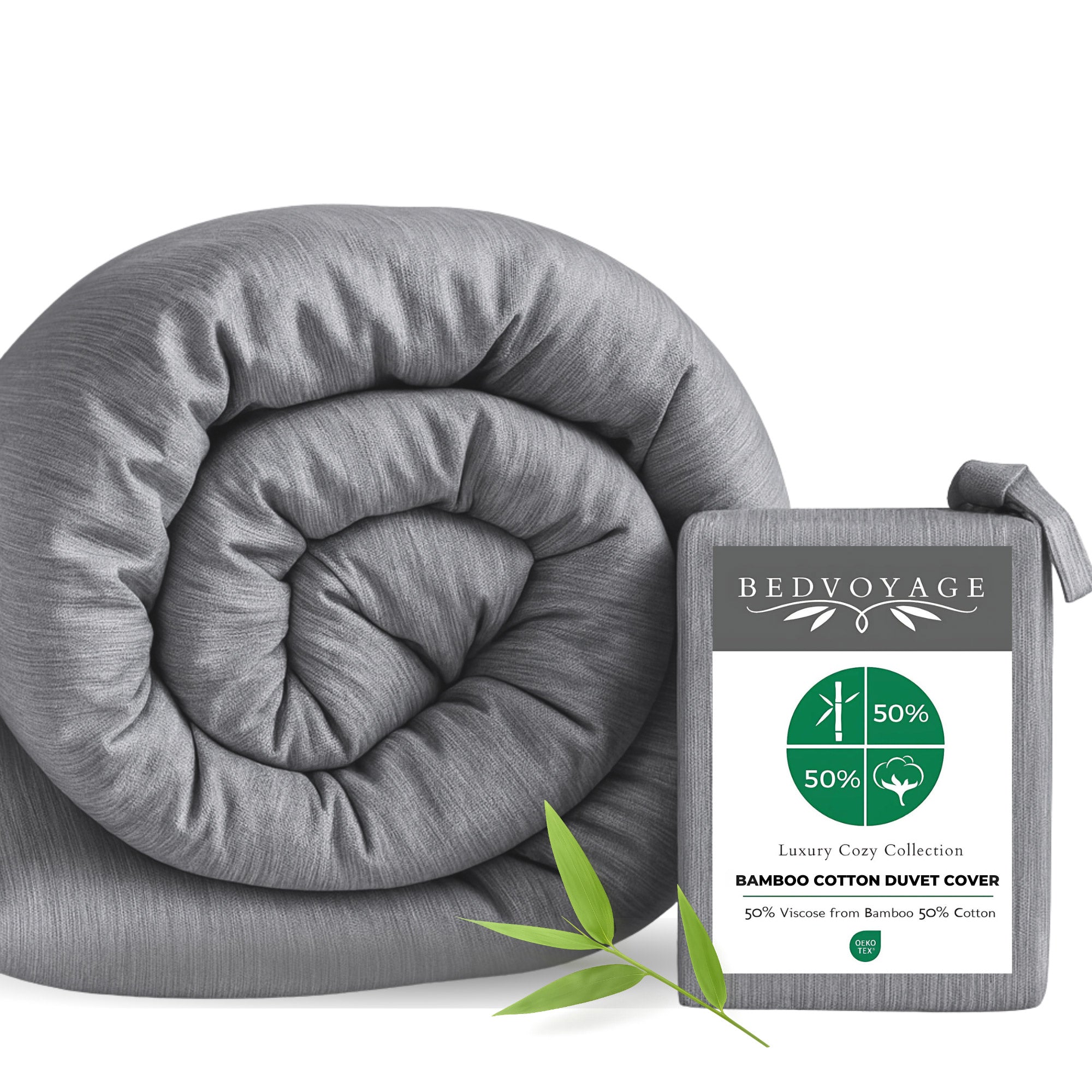 Gray bamboo cotton duvet cover with packaging and a bamboo leaf on a white background
