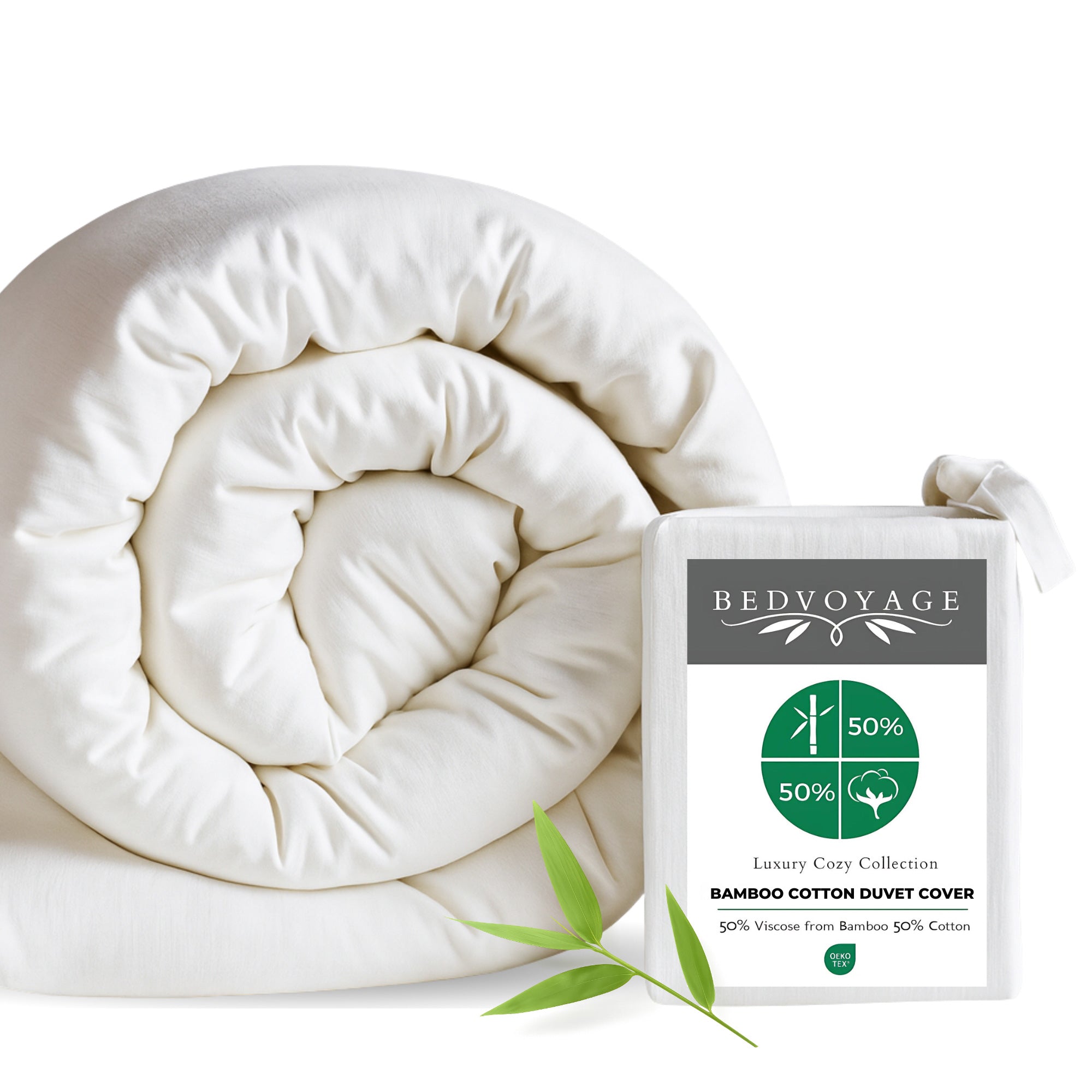 Rolled-up white bamboo cotton duvet cover with 'Bed Voyage' packaging on a white background