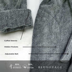Gray textured bamboo charcoal robe with labeled features and Bed Voyage branding.