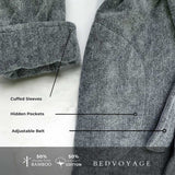 Gray textured bamboo charcoal robe with labeled features and Bed Voyage branding.