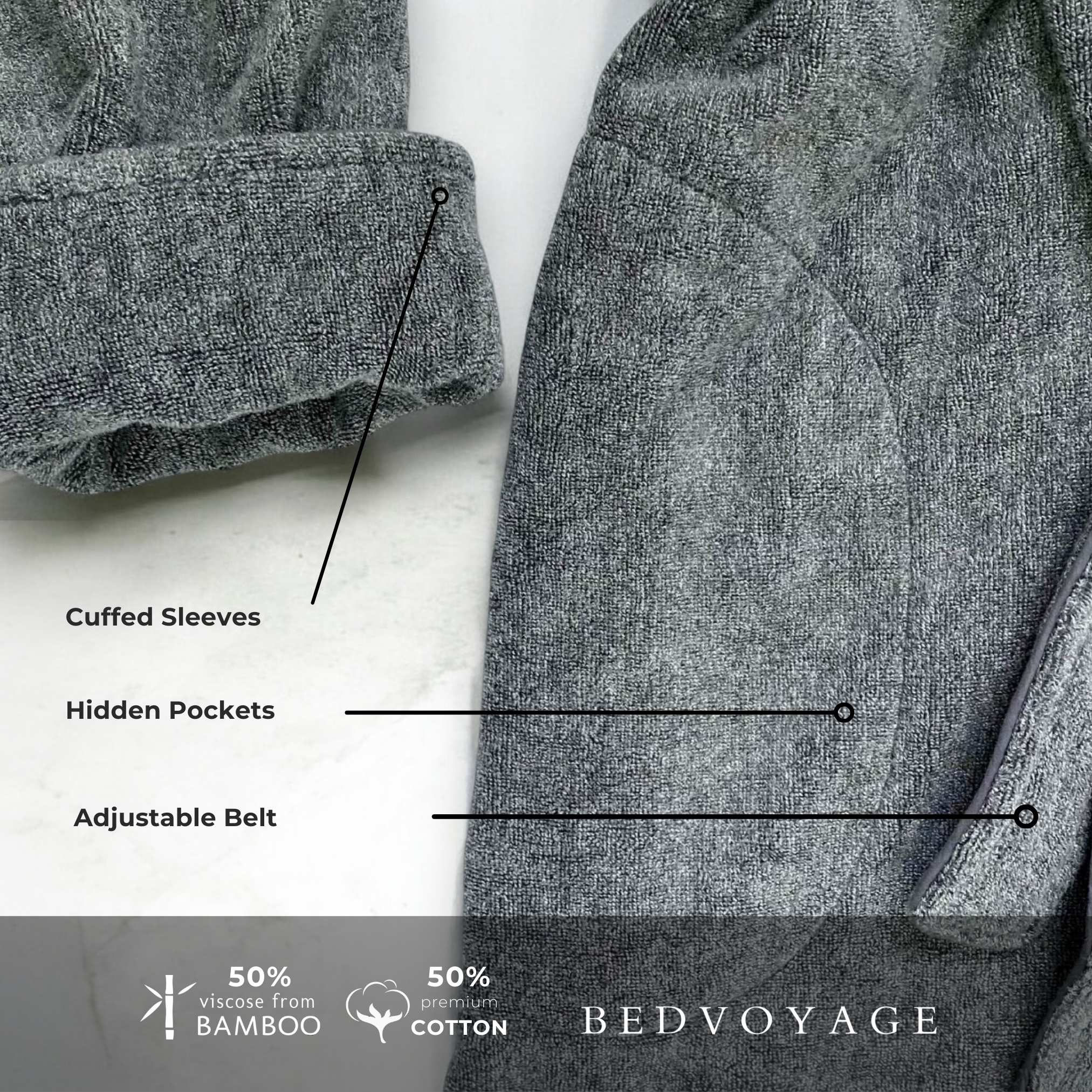 Gray textured bamboo charcoal robe with labeled features and Bed Voyage branding.