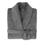 Gray bathrobe with 'BEDVoyage' branding on a white background