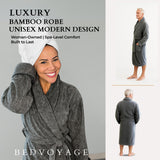 Gray bamboo robe being worn by a woman with promotional text about spa-level comfort and modern design.