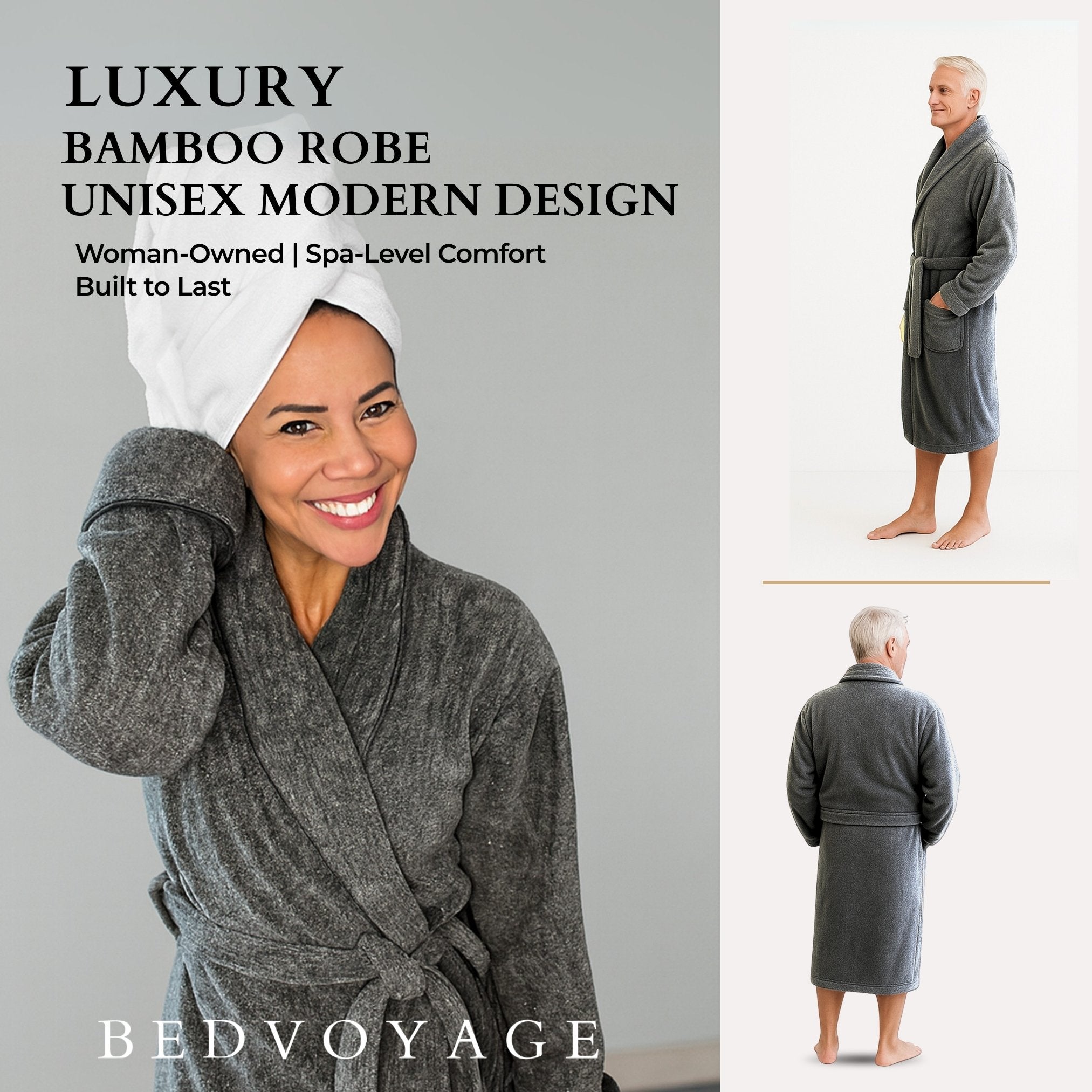 Gray bamboo robe being worn by a woman with promotional text about spa-level comfort and modern design.