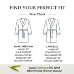 Size chart for a robe with measurements labeled, featuring the brand 'Bedvoyage'.
