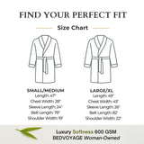 Size chart for a robe with measurements labeled, featuring the brand 'Bedvoyage'.