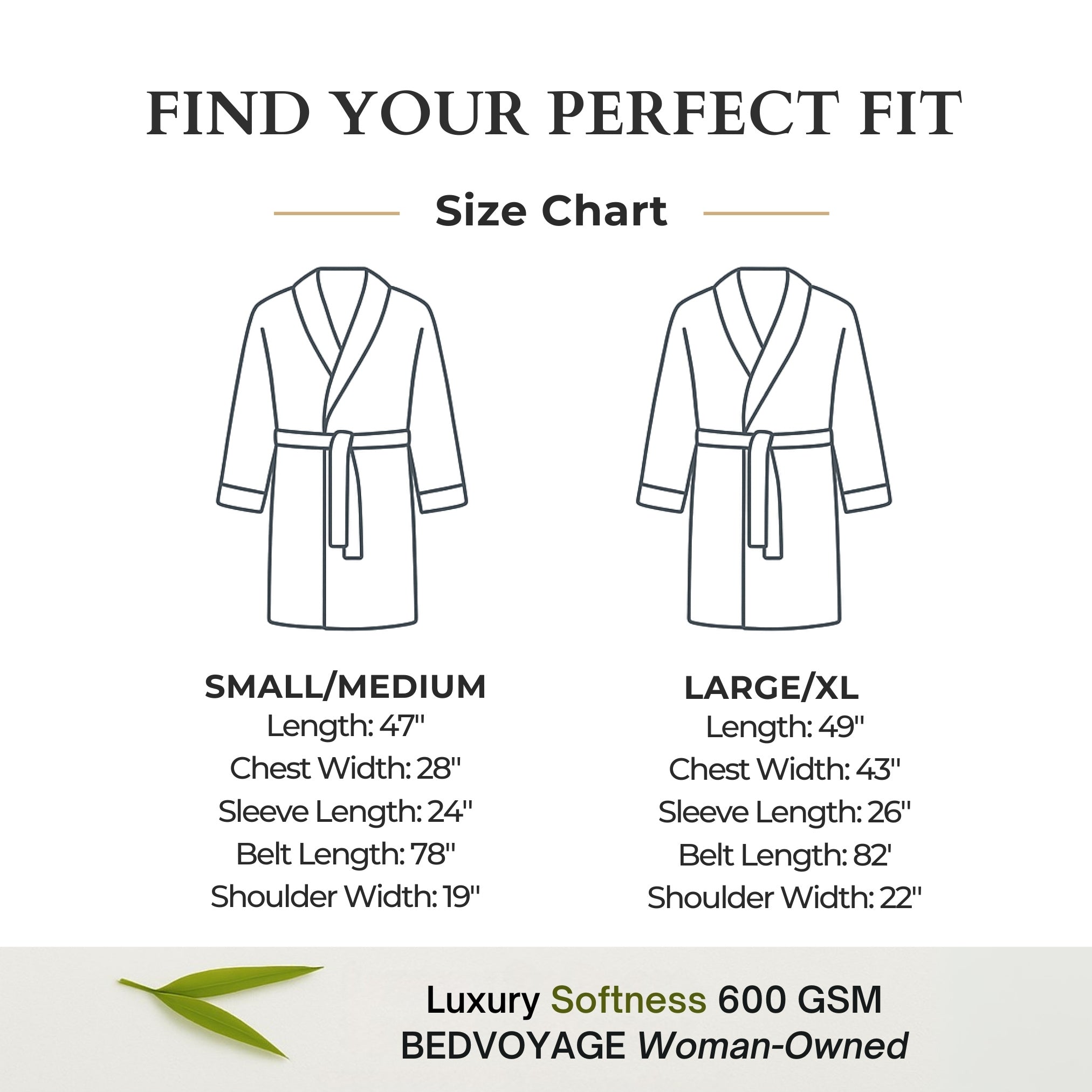 Size chart for a robe with measurements labeled, featuring the brand 'Bedvoyage'.