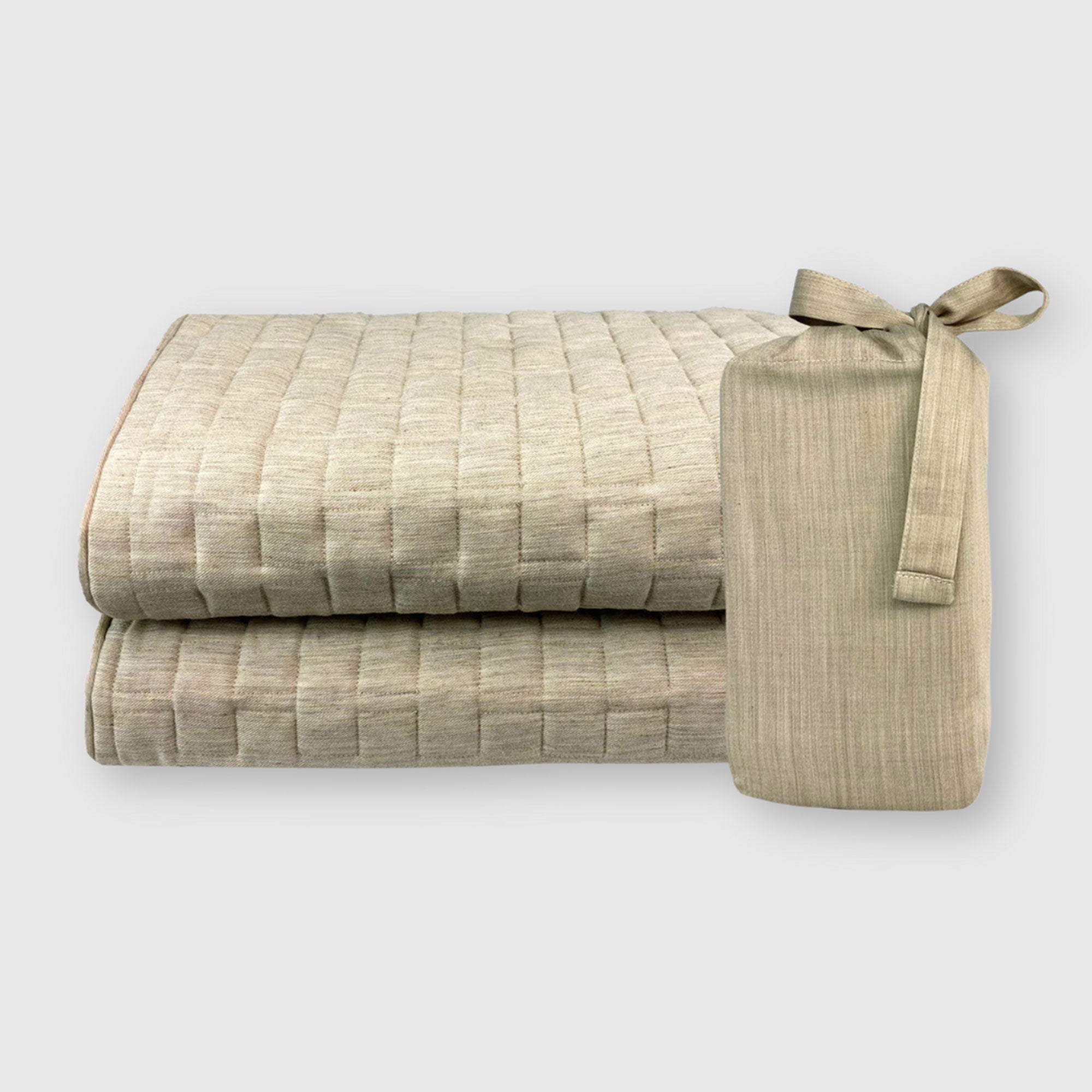 beige sand bamboo quilted standard sham set folded showing linen storage bag