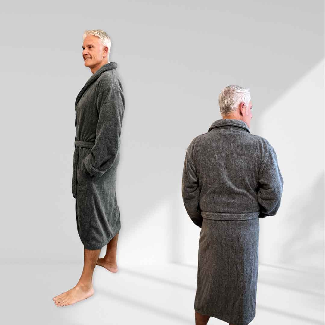 man facing front and back wearing charcoal bamboo bath robe