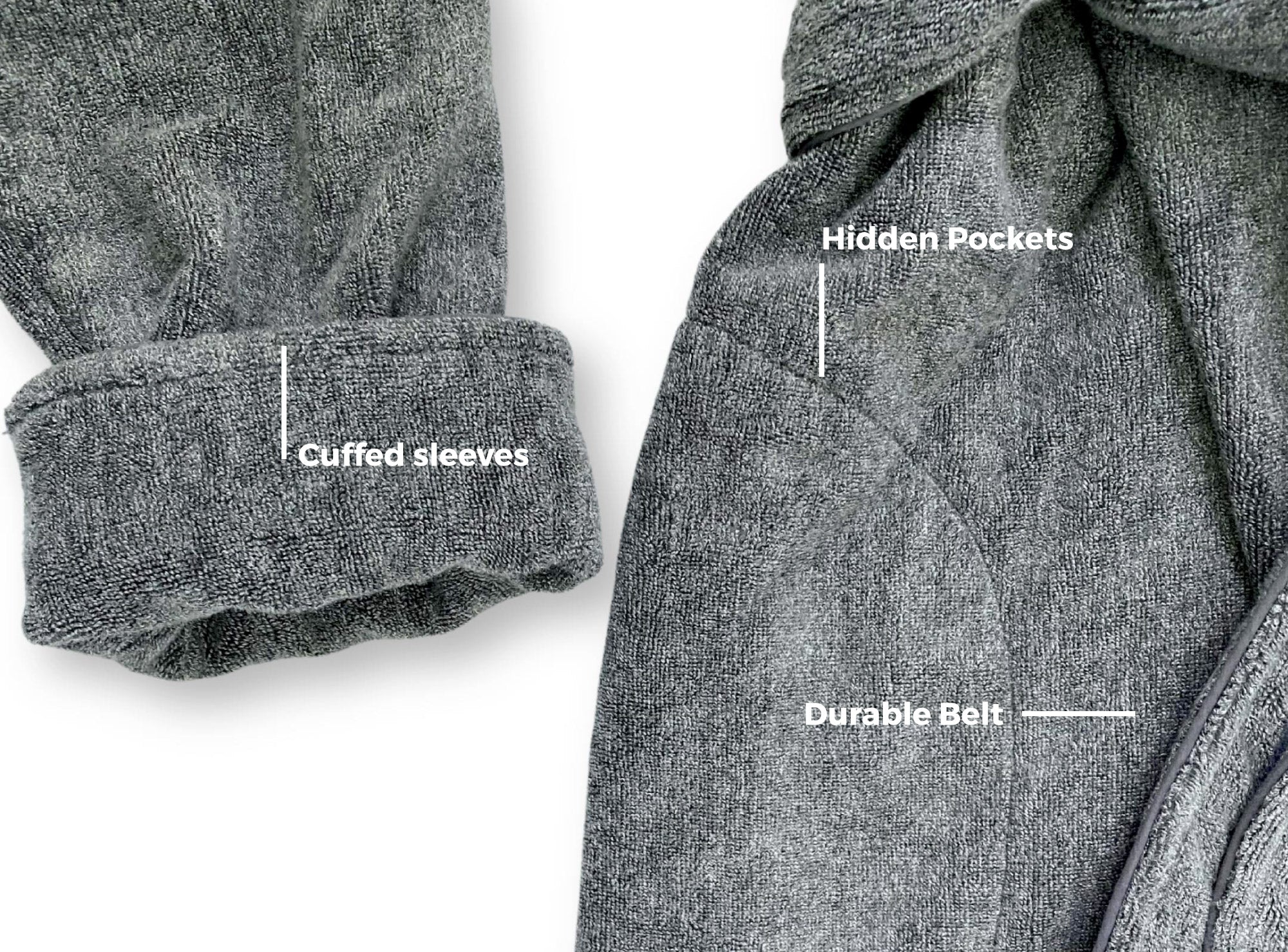 pocket and cuff of a charcoal bamboo bath robe