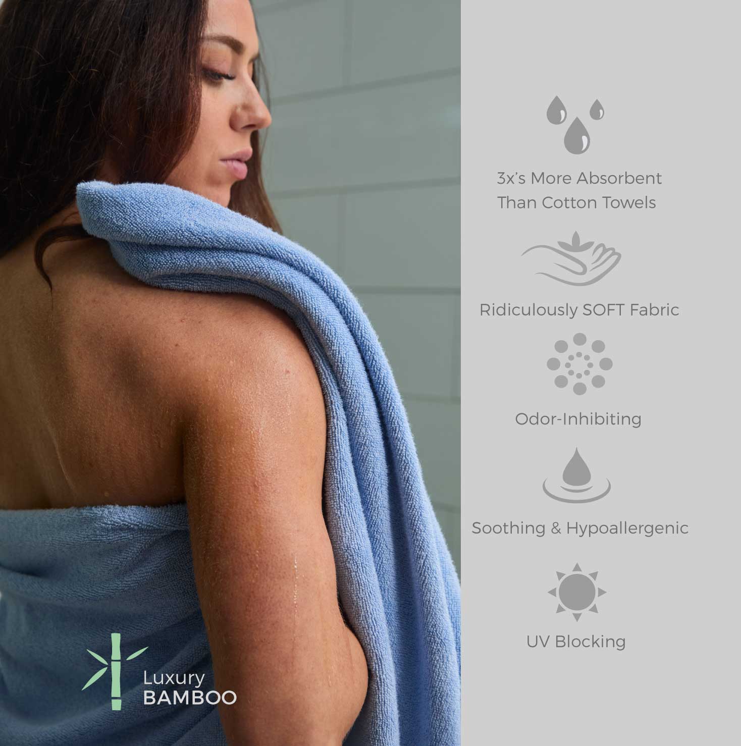 woman drying off with blue towel and icons showing benefits of bamboo
