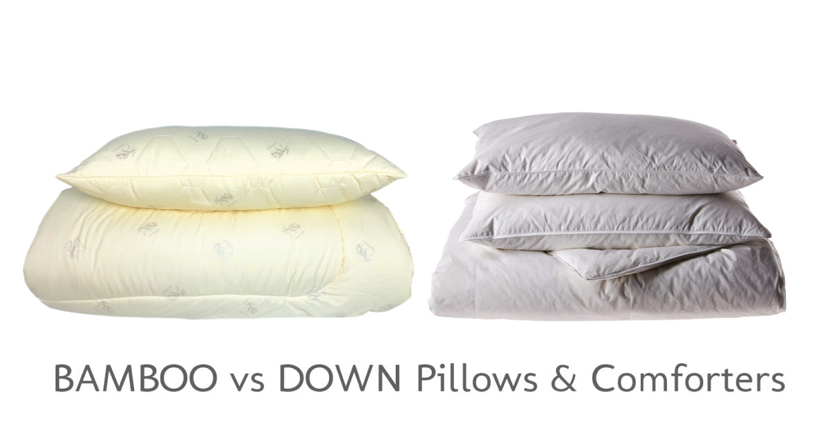 A photo comparison of bamboo and down pillows and comforters with subtitle"BAMBOO vs. DOWN Pillows & Comforters"