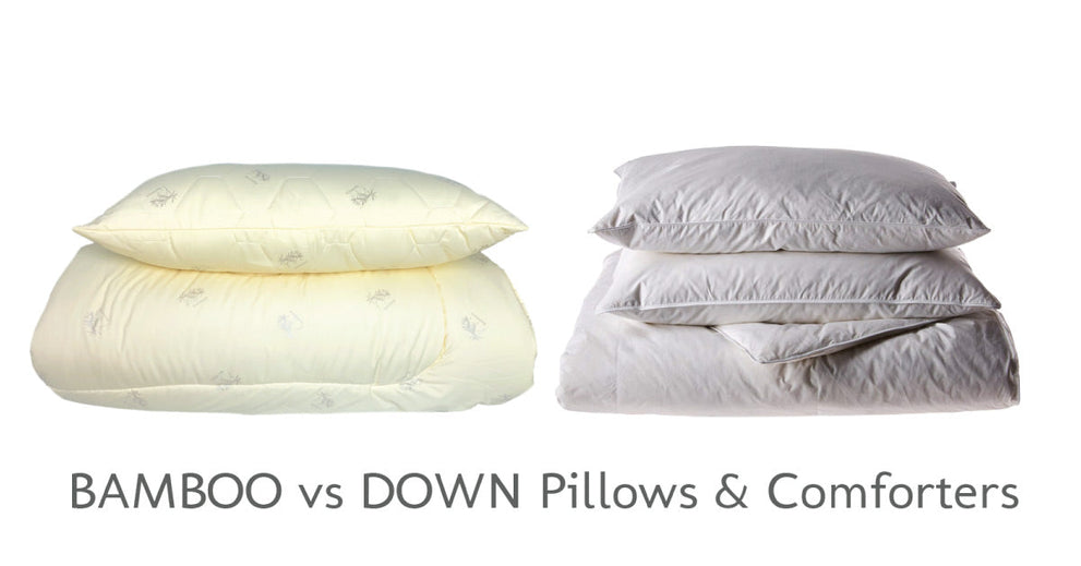 A photo comparison of bamboo and down pillows and comforters with subtitle