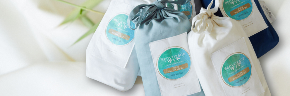 Three Bed Voyage pillowcase sets in their packaging