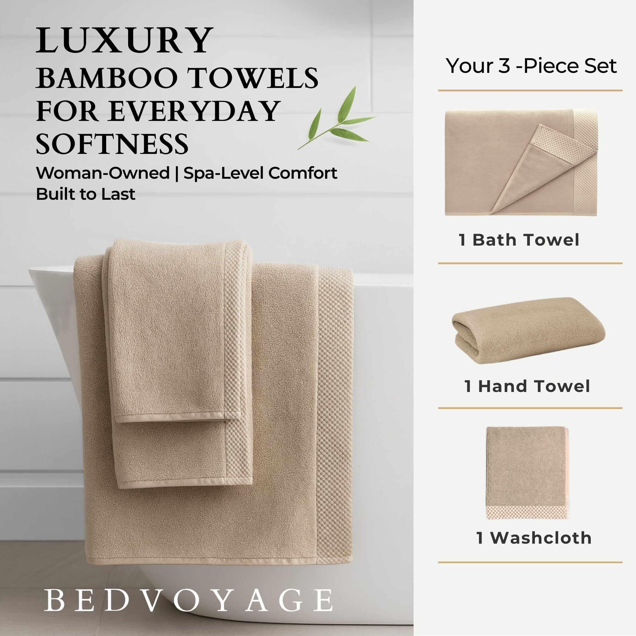 Advertisement for BEDVOYAGE luxury bamboo towels with text and product images.