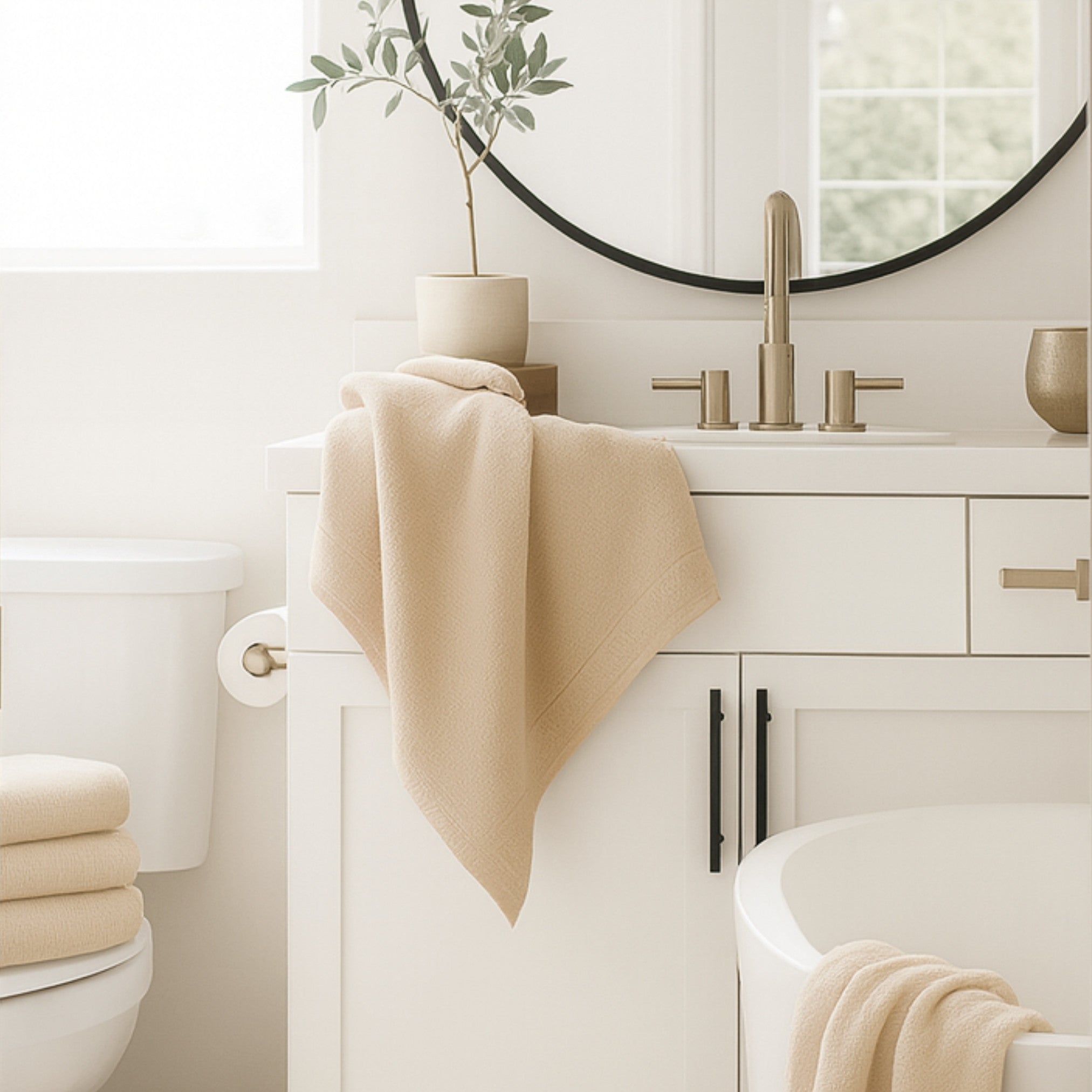 Bathroom with beige towel on sink and round mirror
