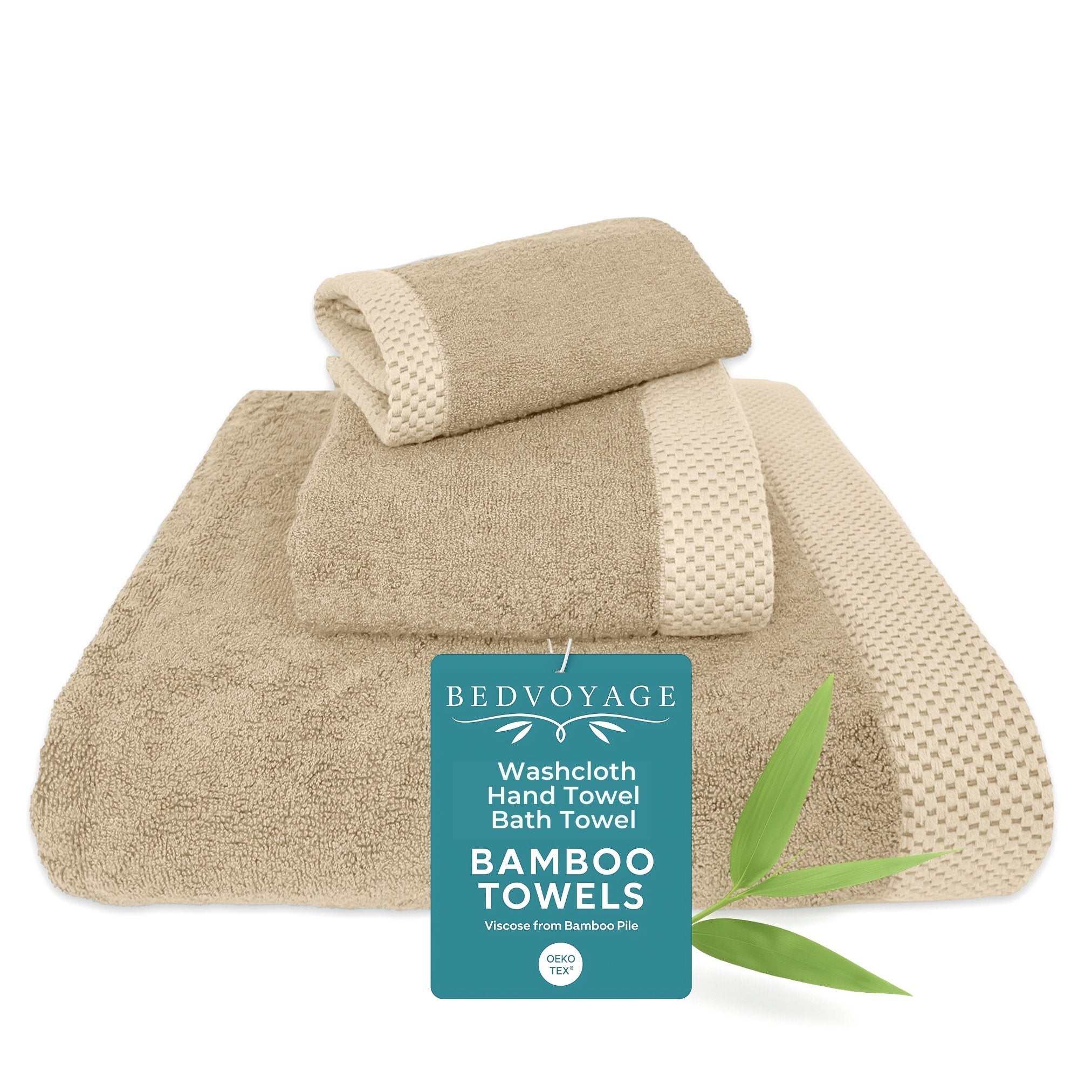 Set of beige towels with a 'Bed Voyage' label on a white background