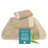 Set of beige towels with a 'Bed Voyage' label on a white background