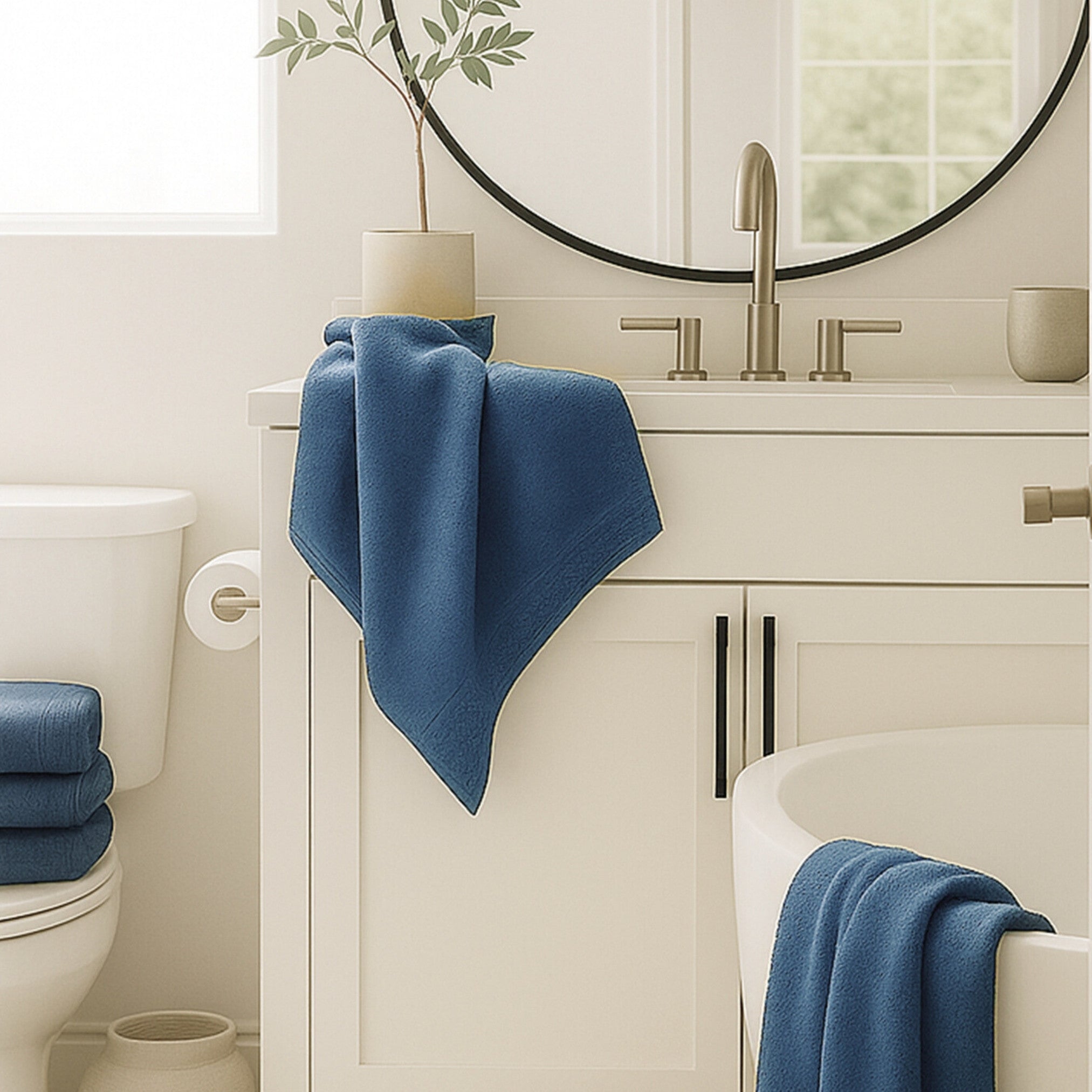 Bathroom with a sink, toilet, and bathtub with blue towels draped over them.
